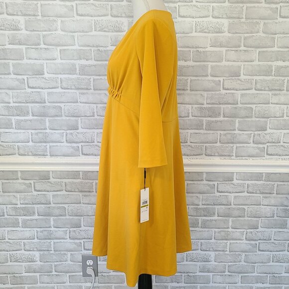 Calvin Klein Yellow A-line Dress Cinched Empire Waist NEW 14 Career Quiet Luxury - Picture 3 of 9